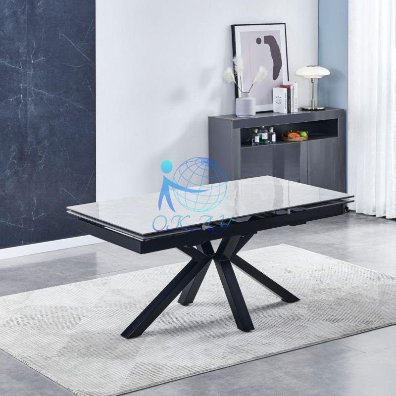 2022 New Design High Gloss Ceramic Top Extentable Big Size Dining Table with Metal Base