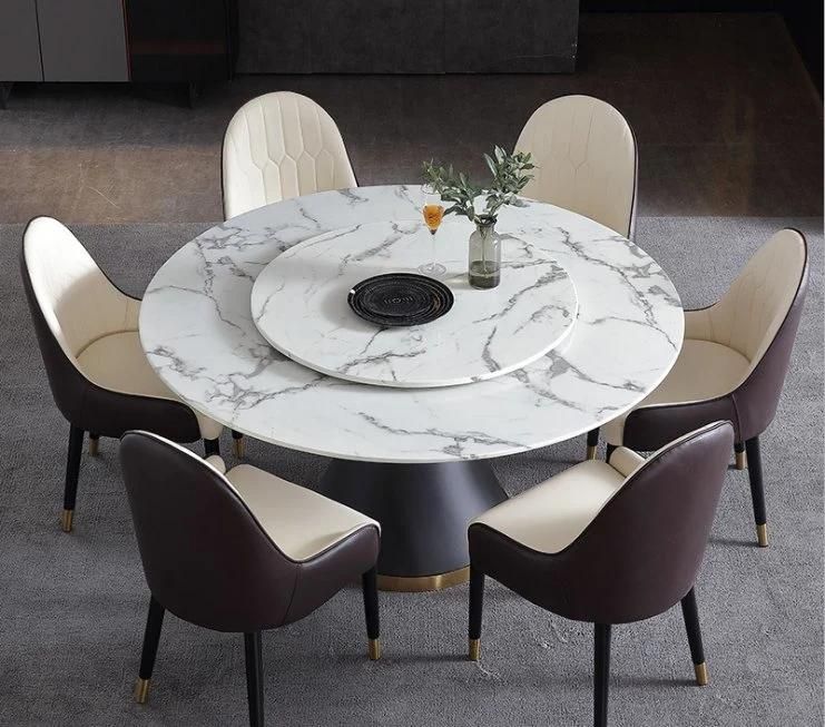 Marble Top Dining Table with Turntable Round Shape Unique Metal Base