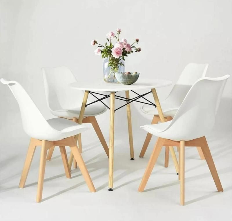 Furniture Factory Nordic White Coffee Cafe MDF Tables Set Solid Wood Round Dining Table with Wooden Legs