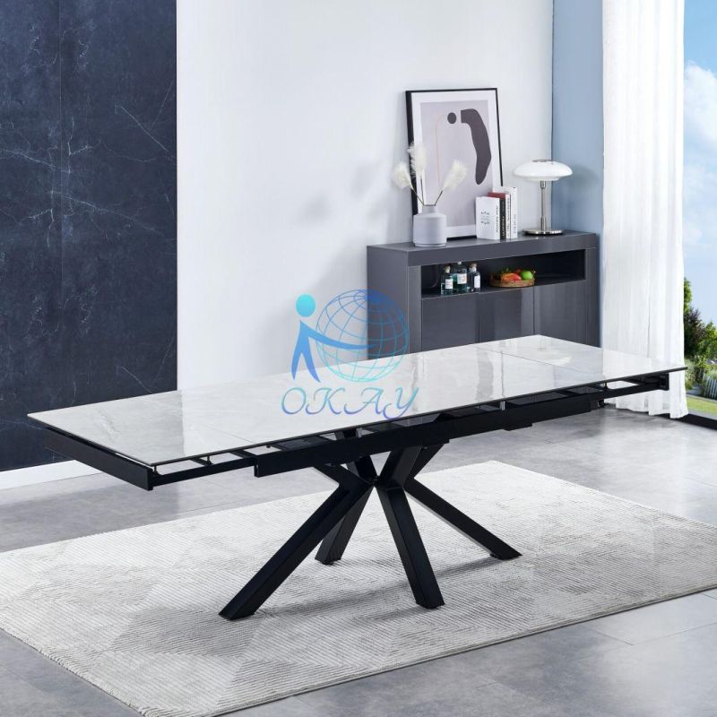 2022 New Design High Gloss Ceramic Top Extentable Big Size Dining Table with Metal Base