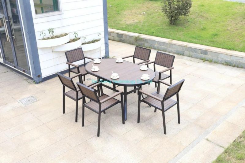 Wholesale Villa Restaurant White Plastic Wood Aluminum Frame Table and 4 Chairs Garden Dining Set Outdoor Furniture(