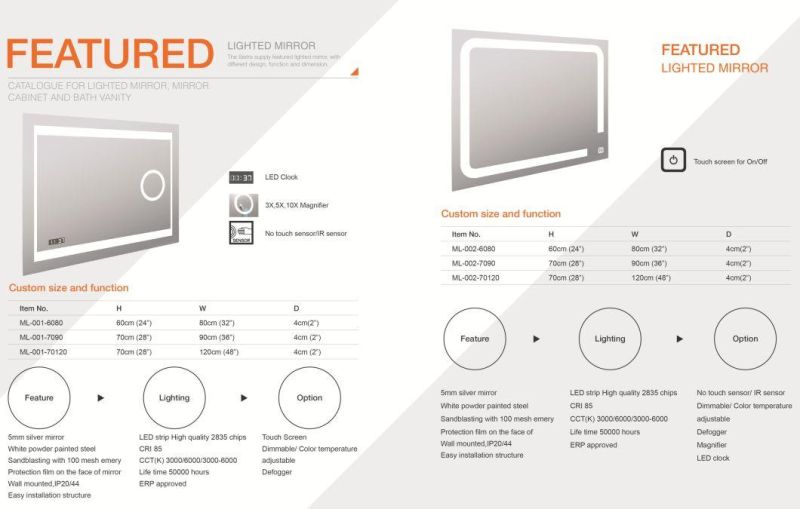 5mm Ce/UL Hotel Illuminated LED Bathroom Mirror with Defogger