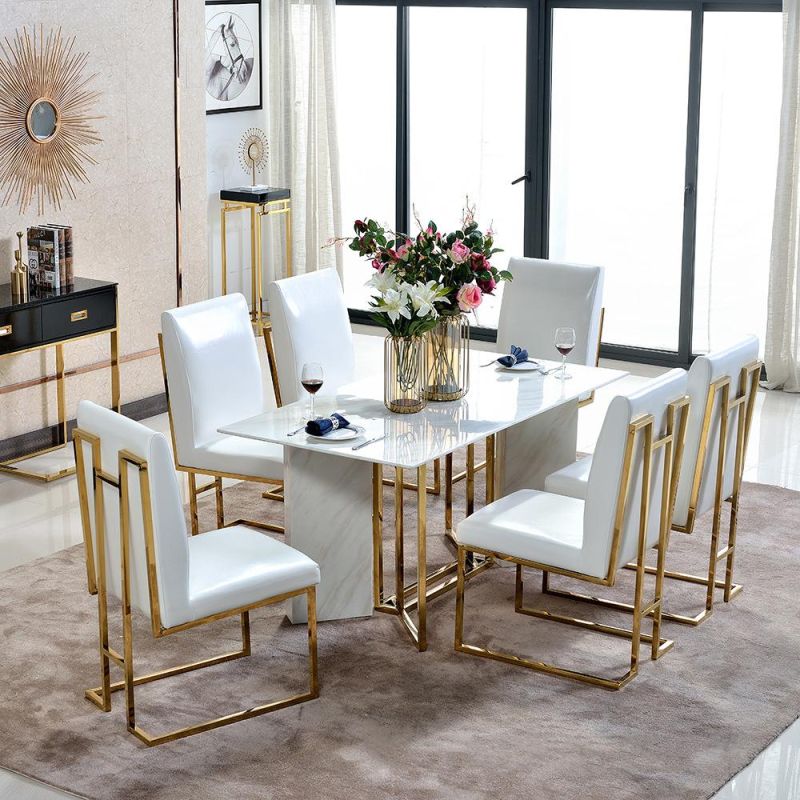 Stainless Steel Marble Dining Table Luxury Italian Dining Table Set 6 Chairs Modern Dining Room Furniture Marble Top Dining Table Set