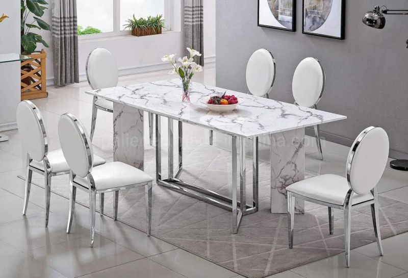 Elegant White Granite and Marble Top Dining Table Stainless Steel