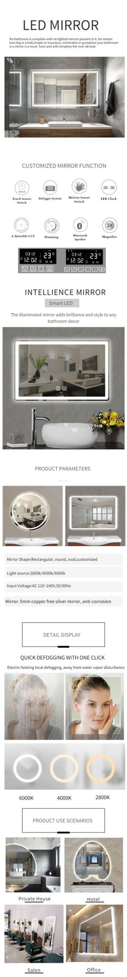 Modern Simple Illuminated Speaker Smart LED Rectangle Bath Mirror with Bluetooth