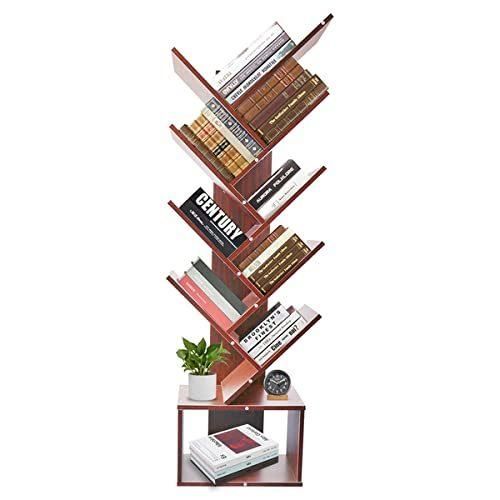 Tree Bookshelf with Drawer Rustic Brown Bookcase 9-Tier Book Rack Free Standing Book Storage Shelves, Wooden Rack Shelves