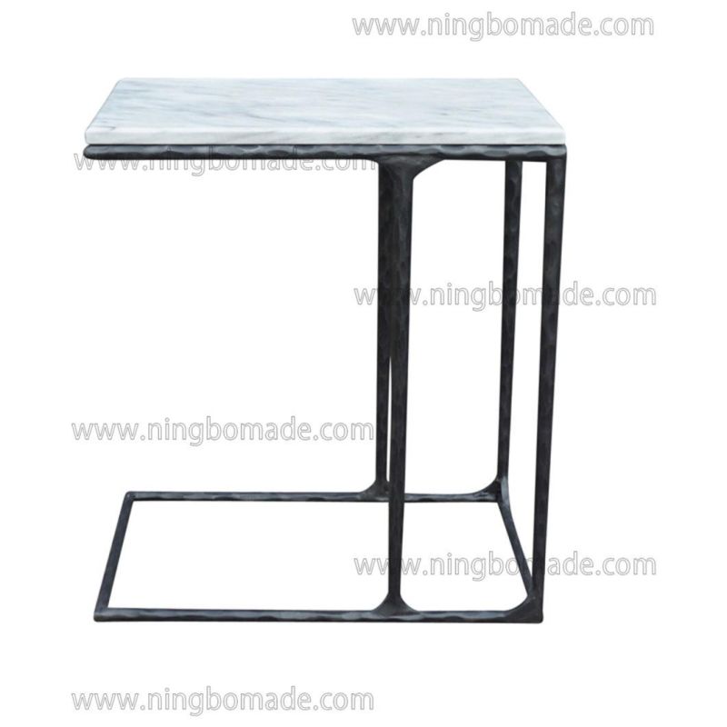 Thaddeus Sculptural Forged Collection Cloud Marble Top Antique Black Solid Metal Base Sofa Table