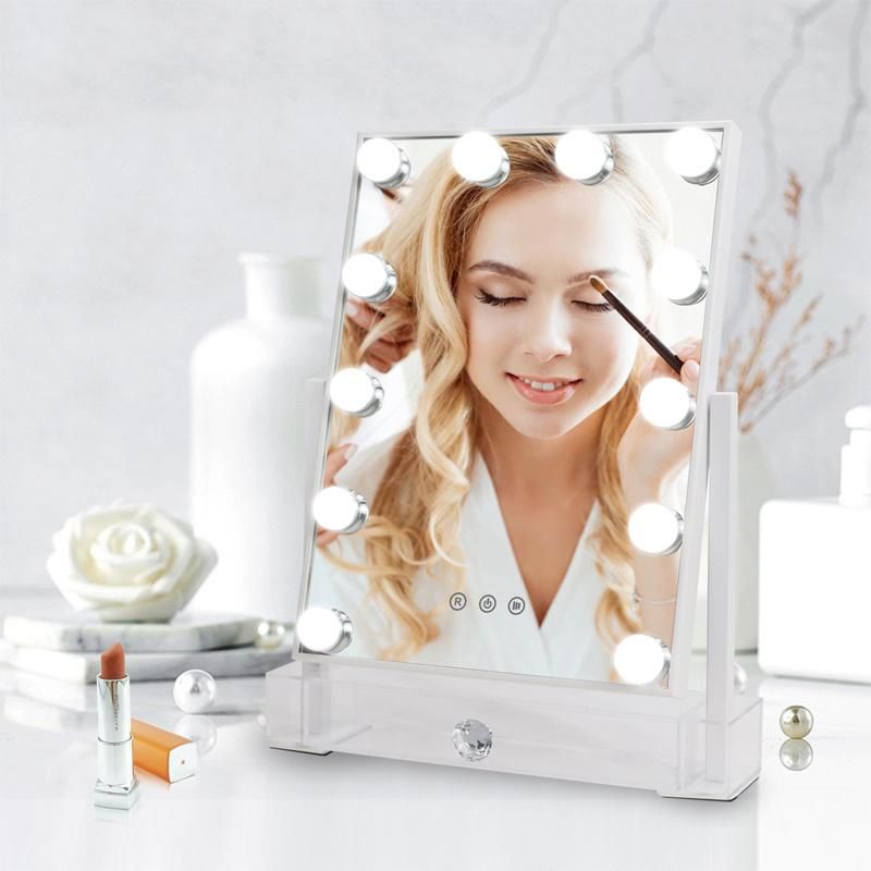 Beauty Salon Furniture Glass Make up LED Table Mirror with Storage