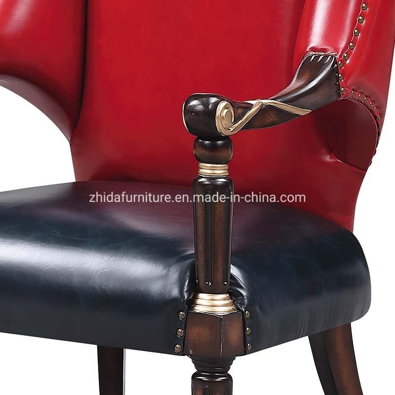 Genuine Leather Red Black Wooden Carved Armrest Chair