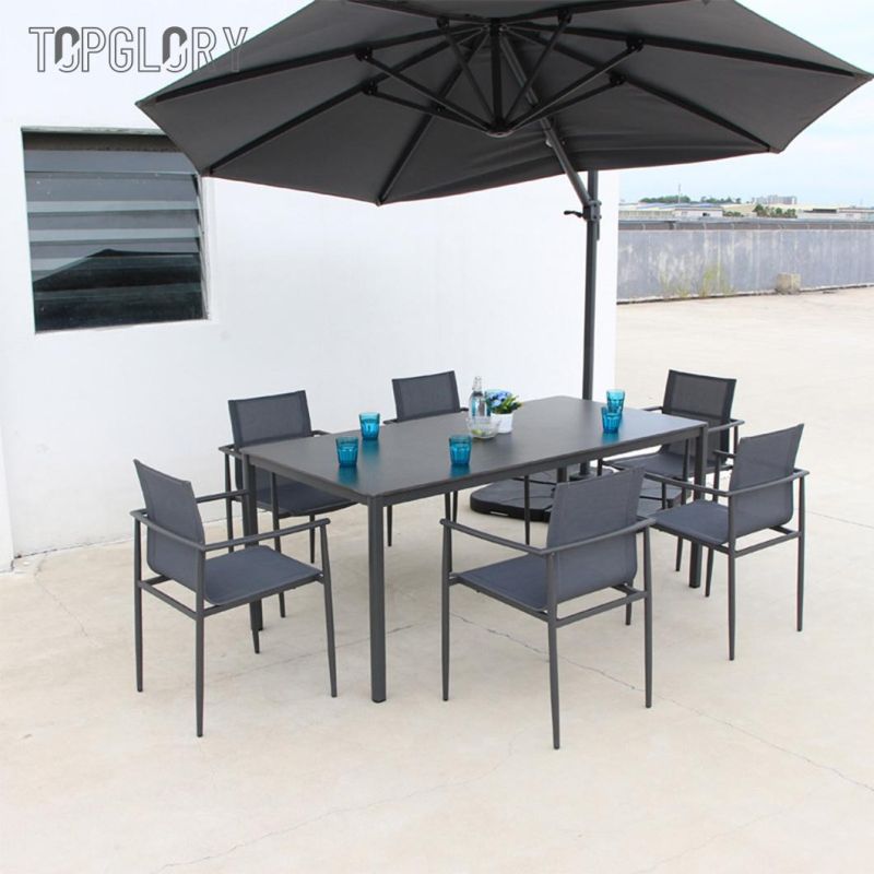 Wholesale Modern Outdoor Furniture Stainless Steel Tube Frame Armrest Design Imported Dining Table and Chair