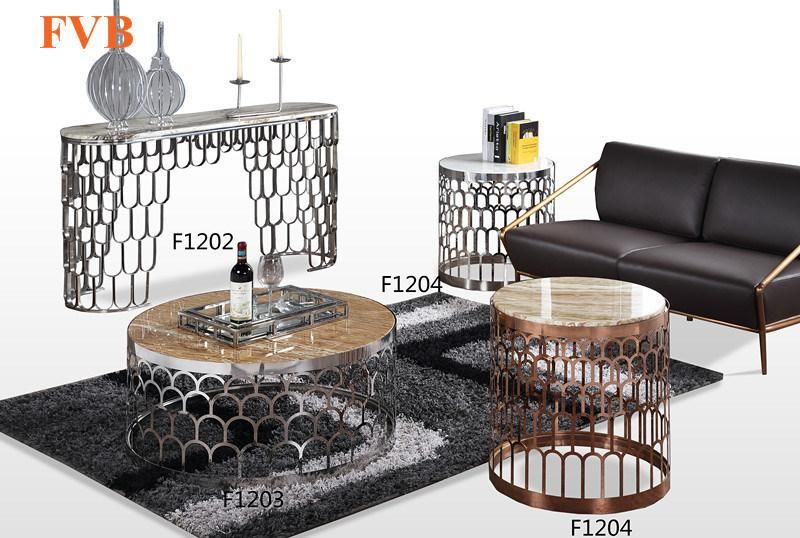 Modern Coffee Table with Stainless Steel Base and Round Nature Marble Top