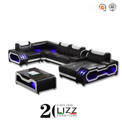 Latest Design Dubai Remote Control 7-Colors LED Luxury Modern Living Room Home Genuine Leather U Shape Couch Furniture Set