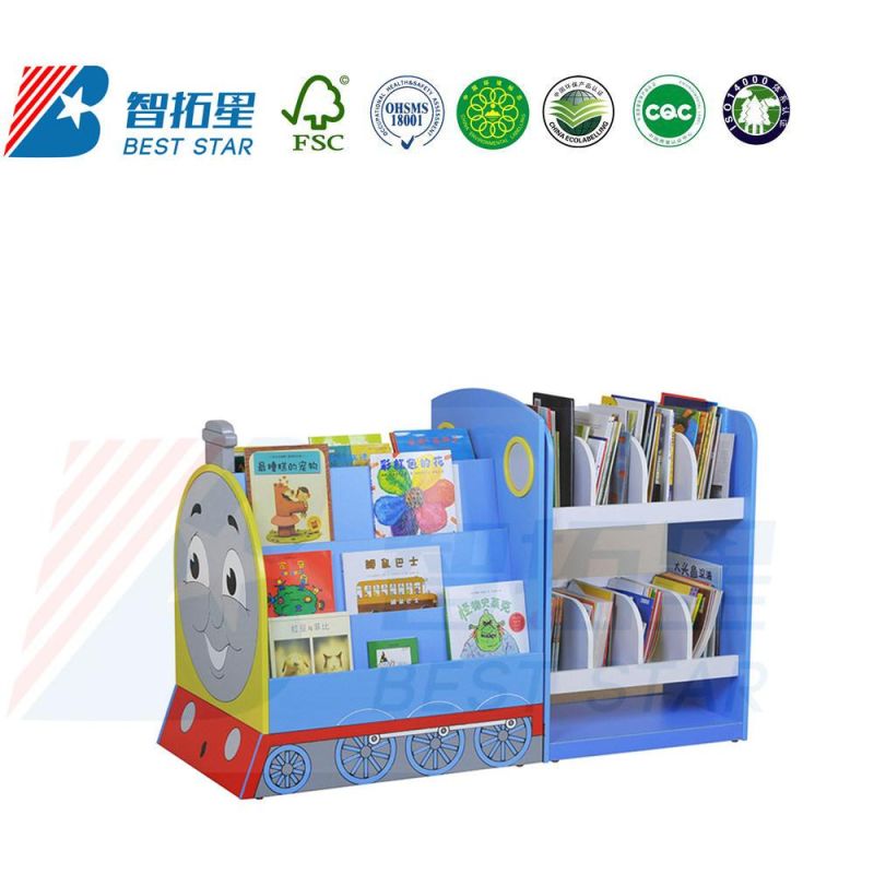 Morden Children Wooden Display Bookshelf, Movable Cartoon Design Kids Bookcase Bookshelf, Kindergarten and Preschool Furniture, School Library Book Rack