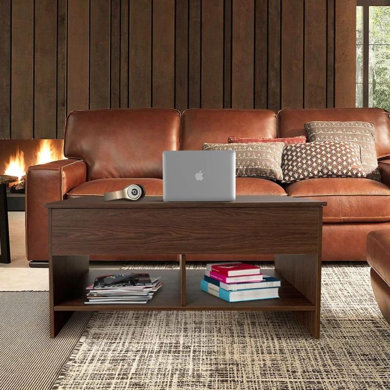 Modern Wood Lift Top Hidden Compartment and Storage Shelf Coffee Table for Living Room