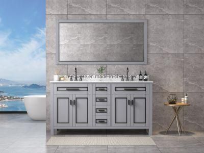 60 Inch Grey Color Floor Mounted Double Sinks Framed Mirror Marble Top Four Doors Foor Drawers Solid Wood Bathroom Furniture Vanity Cabinet