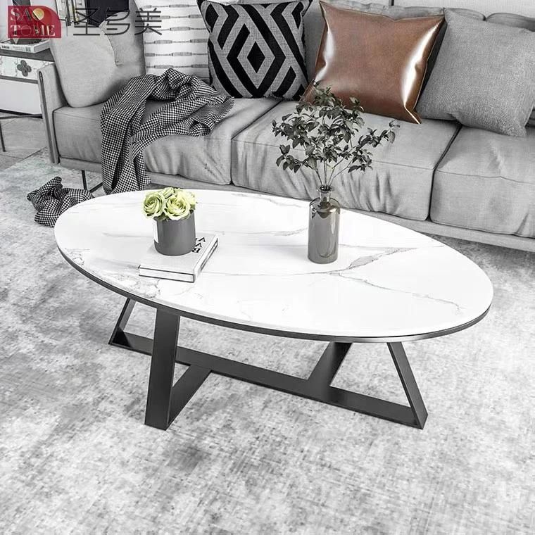 Oval Coffee Table with Nature Marble Top and Steel Feet