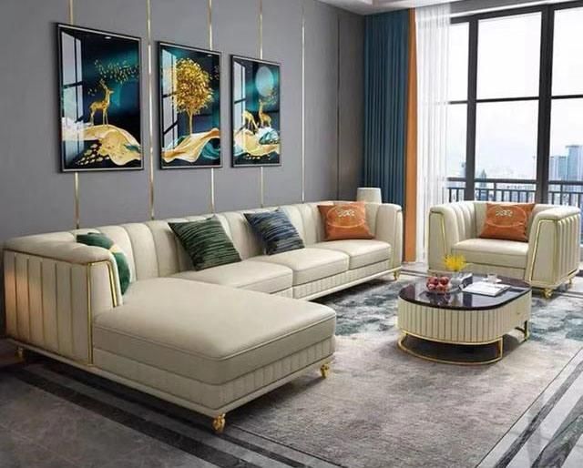 Modern Design Hot Sale Luxury Stainless Steel Living Room Home Furniture L Shape Sofa Leather Leisure Comfortable Sofa Set