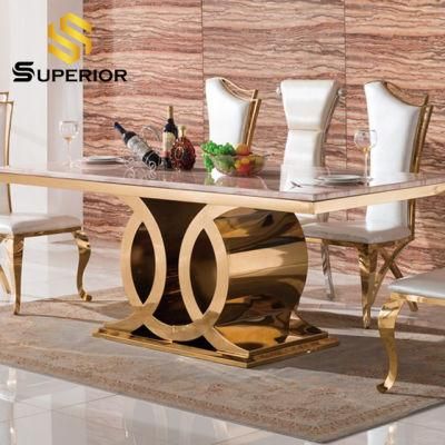 China Wholesale Luxury Golden Metal Base Home Furniture Set Marble Dining Room Table