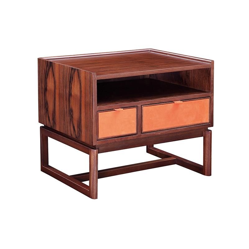 Chinese Style New Modern Home Furniture Walnut Solid Wood Side Table Hotel Bedroom Bedside Nightstand with 2 Layers Drawer