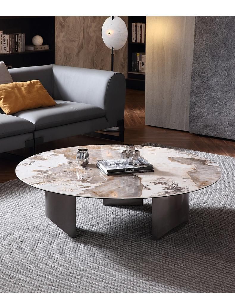 Home Furniture Titanium Round Grey Marble Sintered Stone Coffee Table