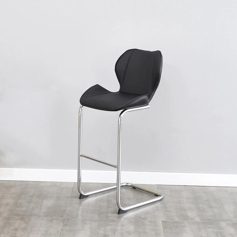 High Quality Kitchen Counter Hotel Restaurant Grey High Chair Leather Seat Home Bar Stool with Footrest Black Legs