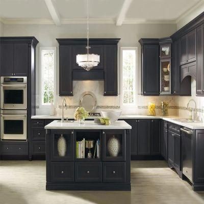 Modern Style Glossy MDF Laminate Wood Cabinet Sets Designs Black High Gloss Lacquer Wooden Kitchen Cabinets with Island