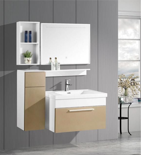 Hotel Style PVC Bathroom Cabinet with Ceramic Single Sink and Side Cabinet