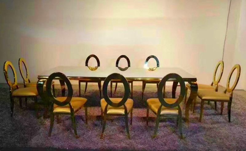 Rental Fancy Gold Modern Dining Table White Chairs Golden Royal Dining Room Furniture Ten Seat Chair Set Throne Moveable Cushion Wedding Chair