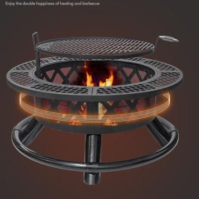 Round Wood Burning Fire Pit Table with Quick Removable Cooking Grill, Black, 32in