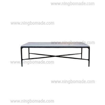 Thaddeus Sculptural Forged Collection White Cloud Marble Top Antique Black Solid Metal Base Rectangle Coffee Table