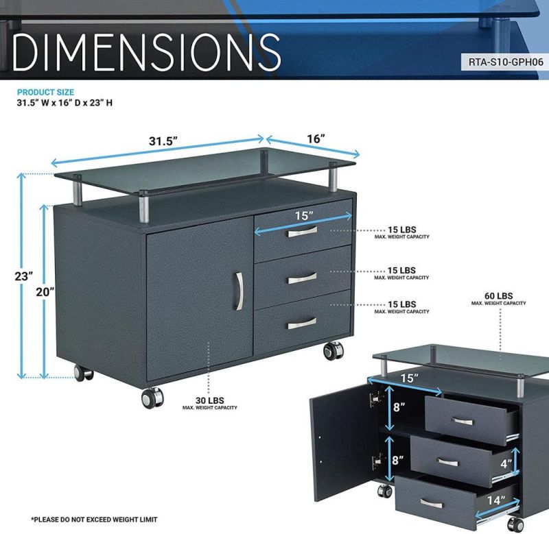 Rolling Storage Cabinet with Frosted Glass Top