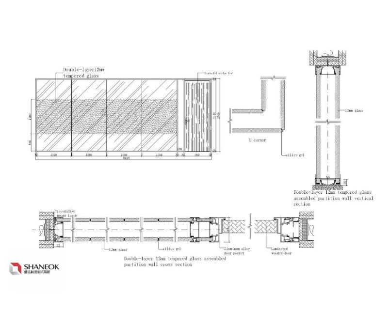 Shaneok Modern Aluminum Alloy Double Tempered Glass Office Partition Wall