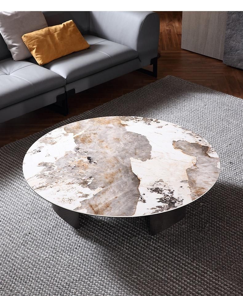 Modern Furniture Titanium Round Marble Rock Plate Coffee Table