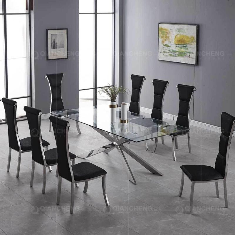 Modern 6 Seaters Design Glass Top Dining Table Set