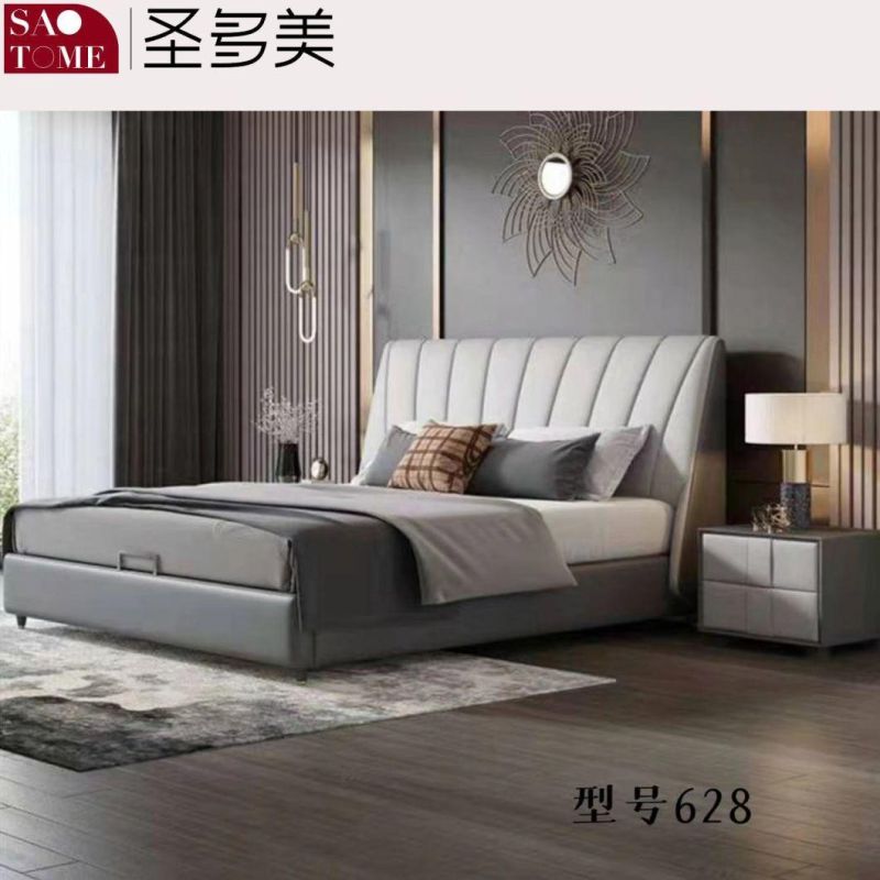 Modern Hotel Beige and Brown Leather Bedroom Furniture Double Bed