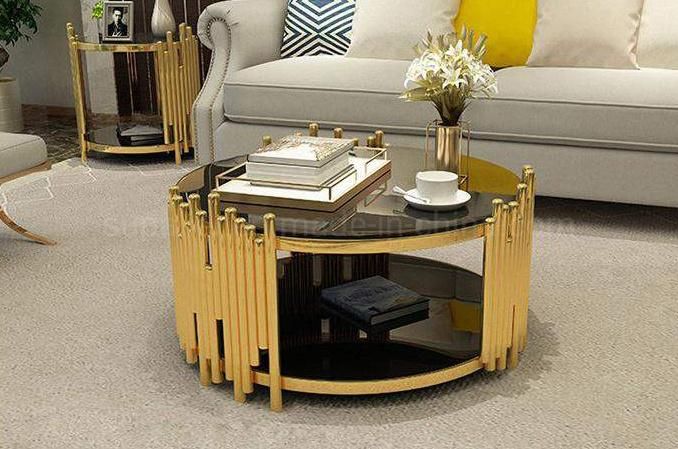 New Round Shaped Glass Top Black Metal Coffee Table