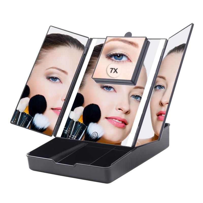 Organizer Box Tri-Fold Makeup Mirror with LED Light for Vanity Girl