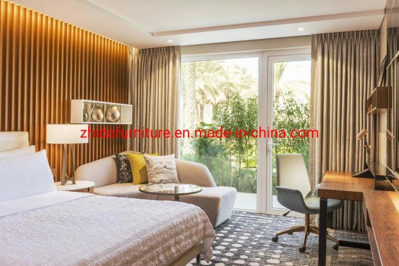 Modern Hotel Apartment Furniture Business Suite Living Room Bedroom Furniture Villa King Size Leather Bed with Wooden Headboard Wall