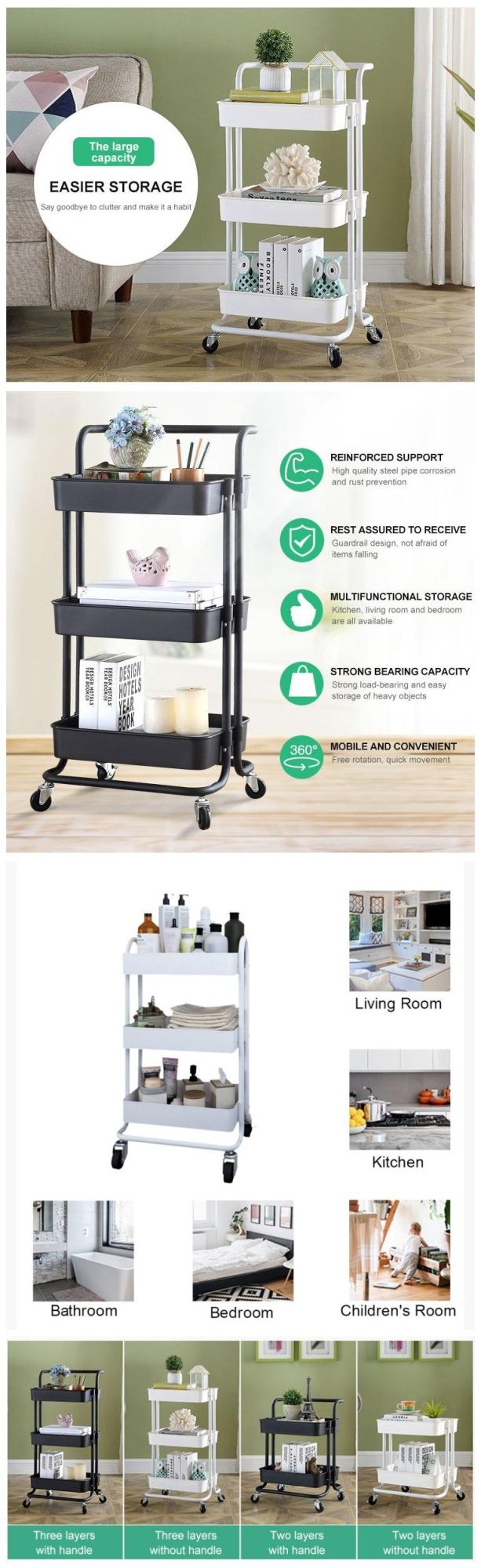 Modern Office Furniture Metal Rolling Utility Kitchen Cart Trolley with Casters