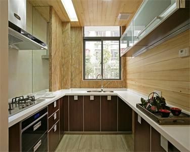 Customized Practical U Shaped Wood Grain Laminate Kitchen Cabinet