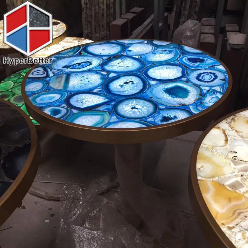 Green Agate Coffee Tables Round with LED Light Inside