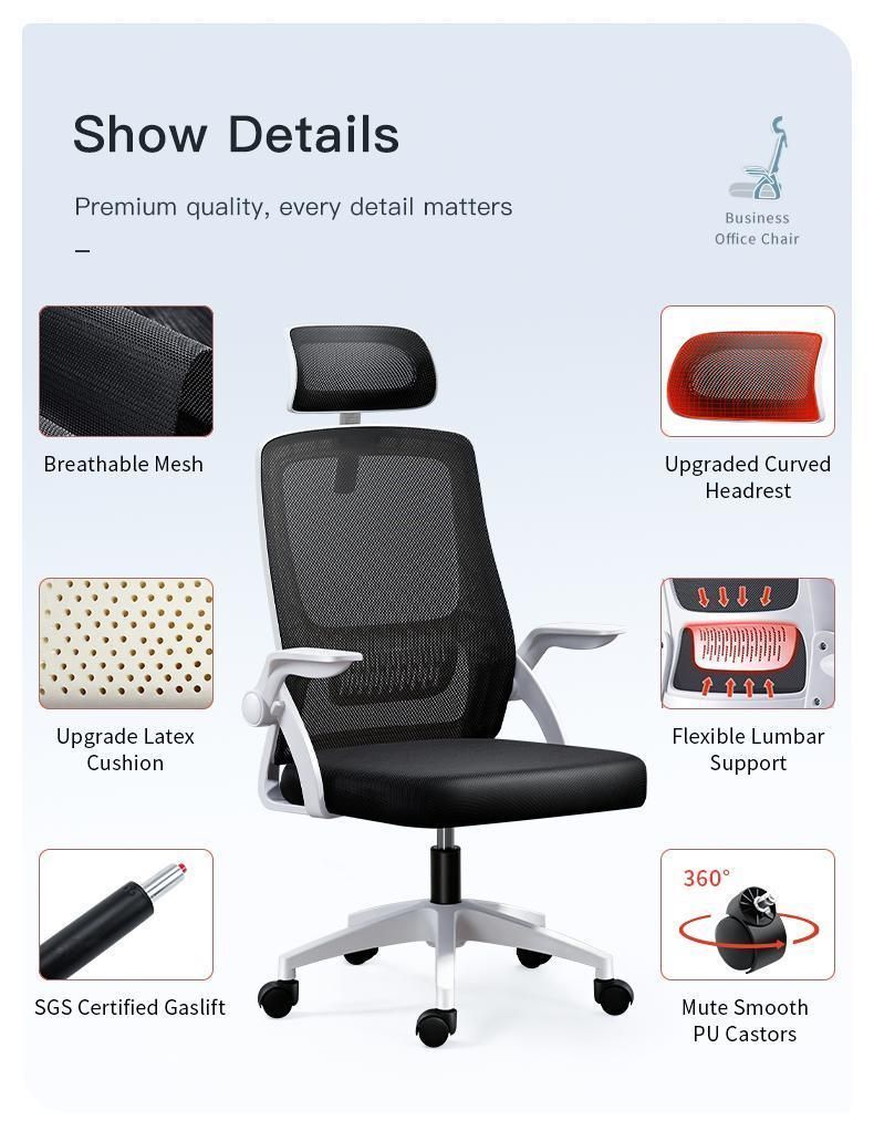 Ergonomic Adjustable Home Office Desk Rolling Swivel Silla De Oficina Computer Mesh Task Chair with Flip-up Arms