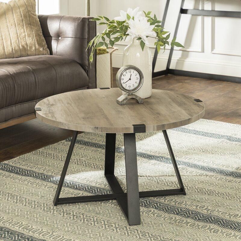 Wood & Metal Frame Gray Wash Modern Round Metal Wrap Coffee Accent Table Living Room