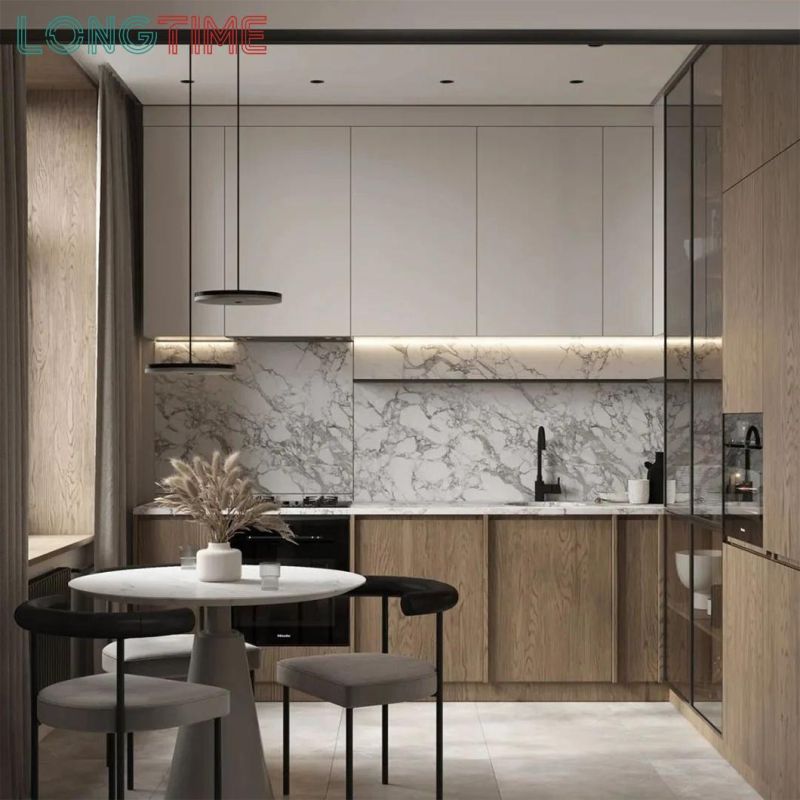 Modern Cabinets Set Furniture Customized Wood Grain Handleless Design Modular Kitchen Cabinet for Home Project