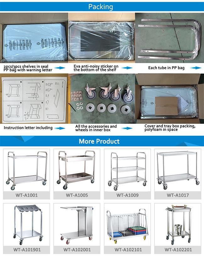 Four Wheel Big Size Movable Stainless Steel Square Tube Two Tier Tray Service Trolley Cart for Kitchen