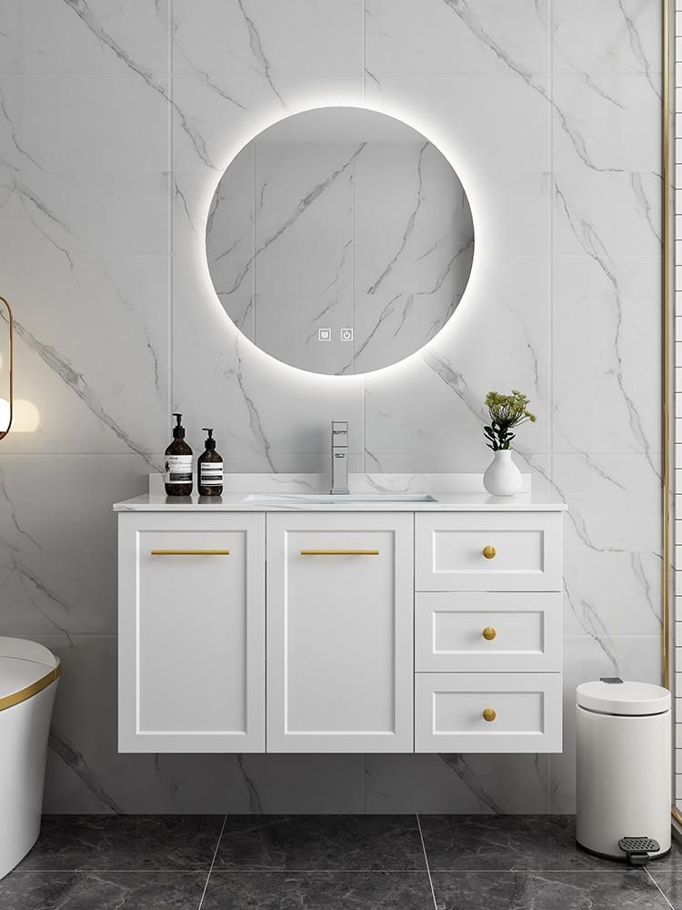 Modern Plywood with White Painting Wall Mounted Bathroom Vanity with LED Lighted Mirror