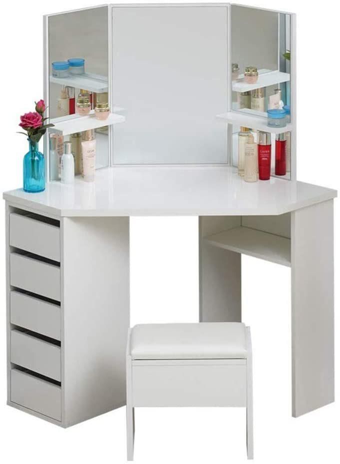 Corner Vanity Makeup Desk Dressing Table with Tri-Folding Mirror and 5 Drawers Makeup Vanity Table for Girls White Dresser