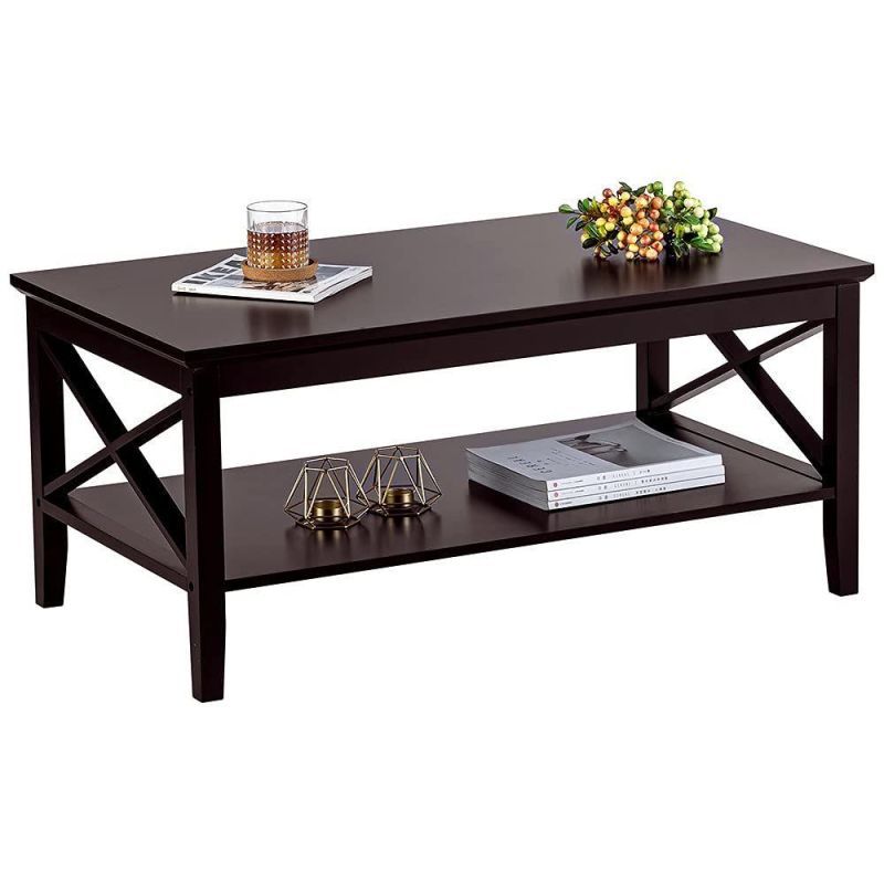 Coffee Table, Black Wood Living Room Table with Shelf, 40 Black