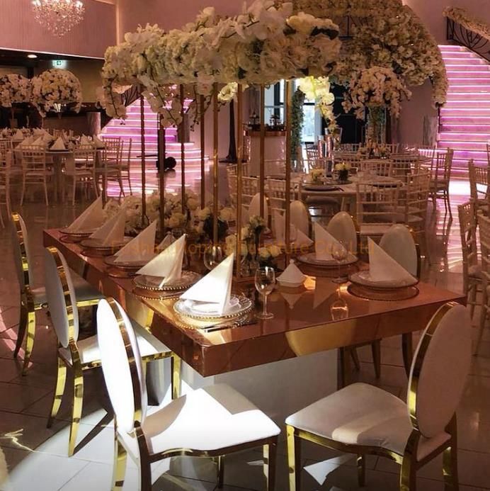 Modern Gold Stainless Steel Top Restaurant Night Club Furniture Gold Dining Table Wedding Chair Table