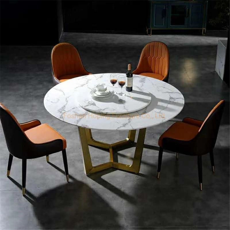 Living Room Furniture Outdoor Table Marble Top 1+6 Set White Round Stainless Steel Dining Table Set with Leather Chair for Wedding Banquet